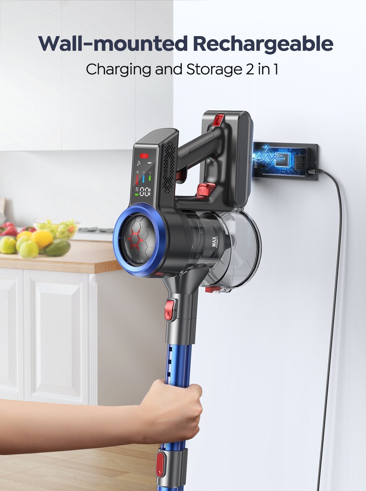 Draadloze Stofzuiger met 500W Motor, 55 Minuten Accuduur en Drie Zuigniveaus – Lichtgewicht en Compact in Blauw-6