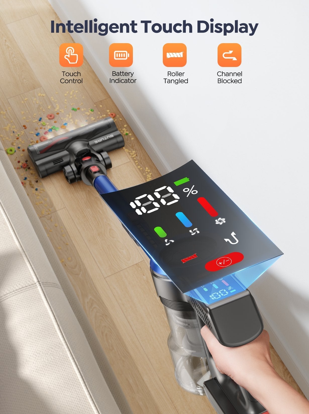 Draadloze Stofzuiger met 500W Motor, 55 Minuten Accuduur en Drie Zuigniveaus – Lichtgewicht en Compact in Blauw-4
